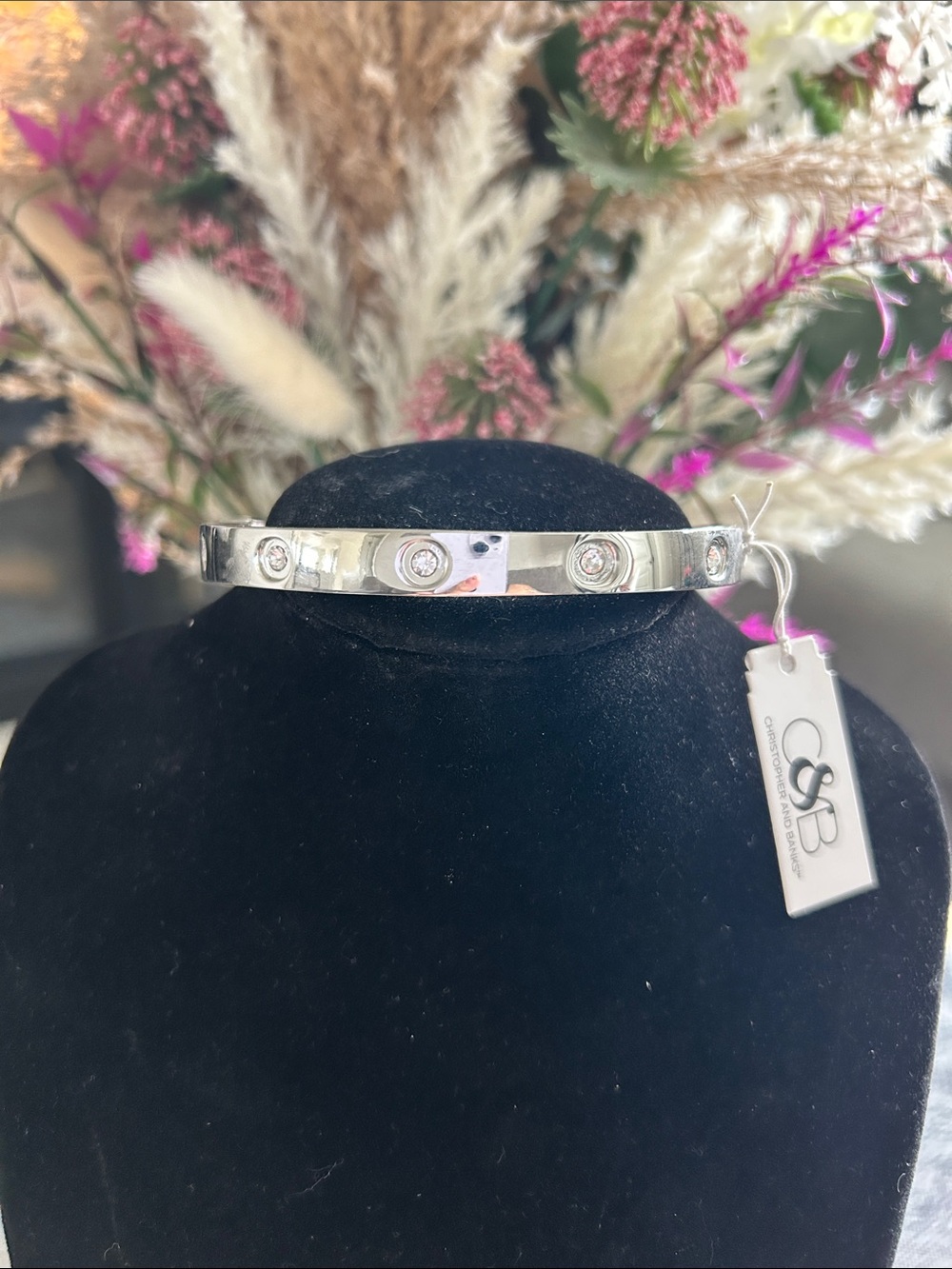 Christopher & Banks Silver Tone Crystal Accent Bangle Bracelet